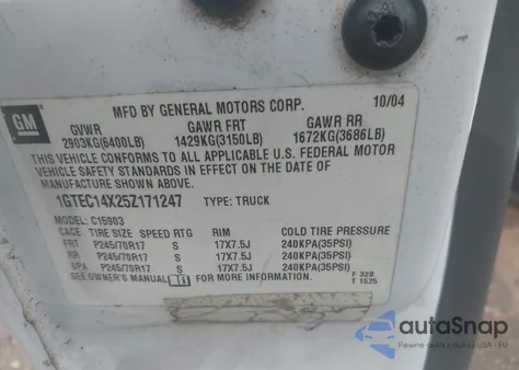 2005 GMC Sierra 1500 Work Truck z USA, uszkodzony, nr VIN 1GTEC14X25Z171247